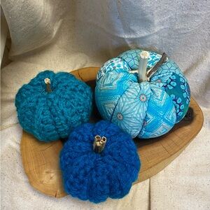 Fall pumpkin boho patchwork fabric blue teal and crocheted pumpkins curated set